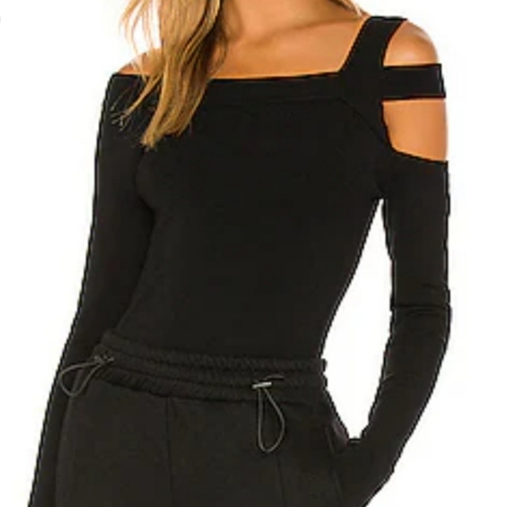 H:ours Milee Long Sleeve Top In Black Shoulder Cut Out Rib Knit Size S